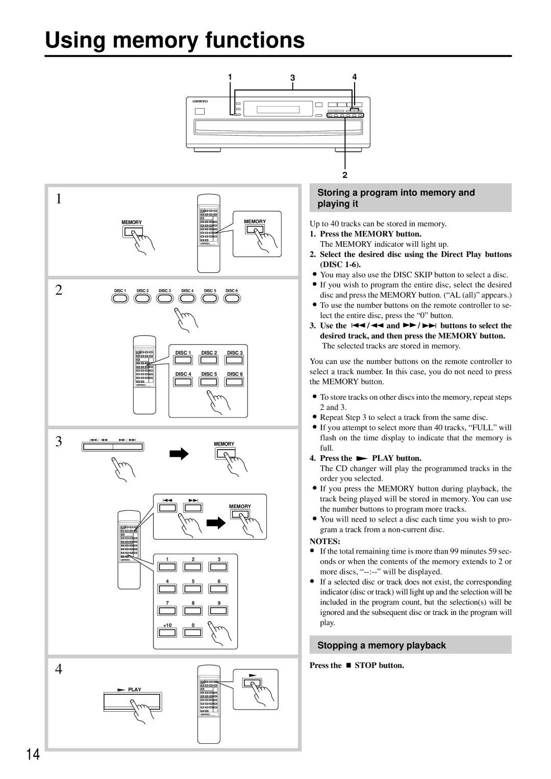 Onkyo DX-C370 Using memory functions, Storing a program into memory and playing it, Stopping a memory playback 