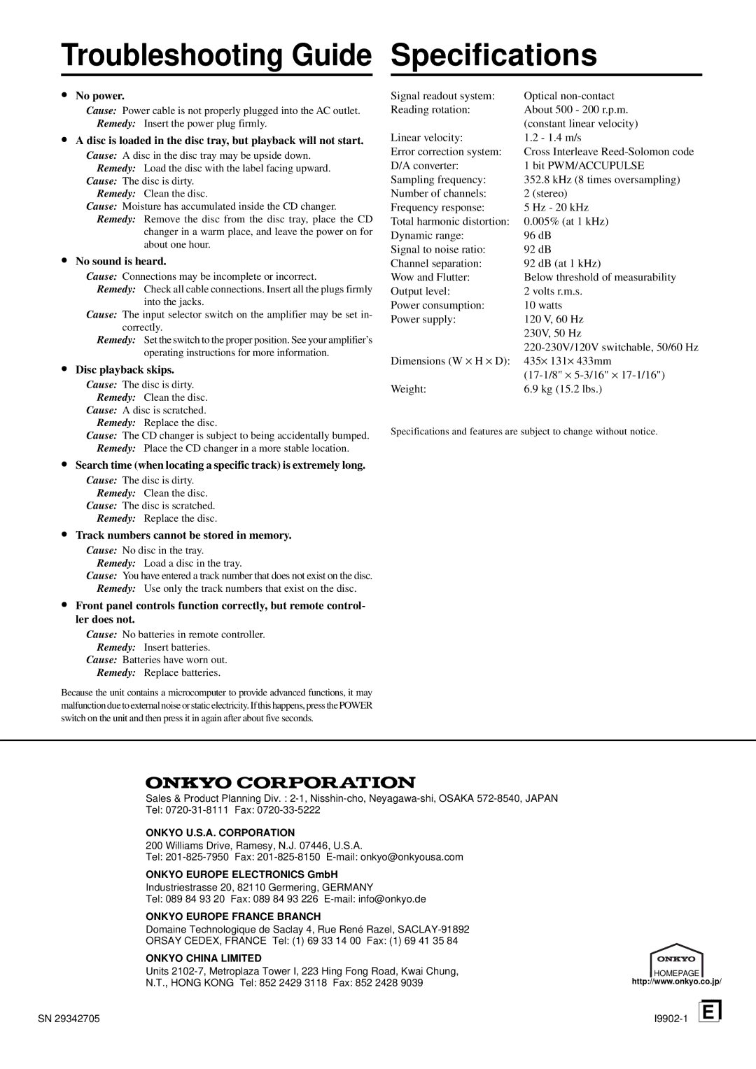 Onkyo DX-C370 Specifications, No power, No sound is heard, Disc playback skips, Track numbers cannot be stored in memory 