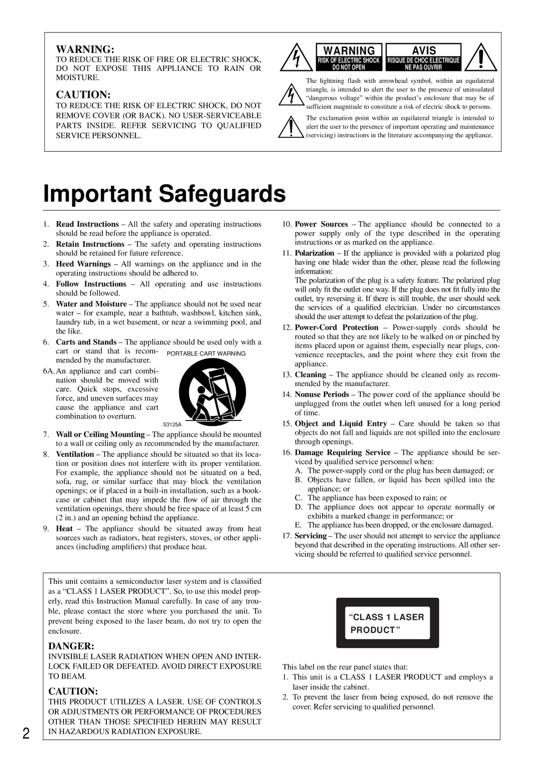 Onkyo DX-C370 instruction manual Important Safeguards 