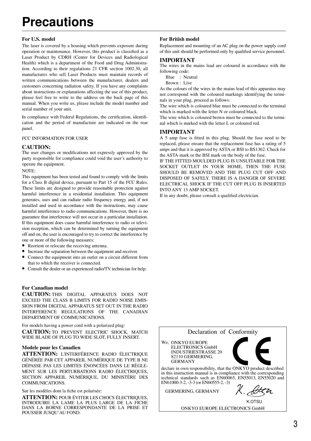 Onkyo DX-C370 instruction manual Precautions, For U.S. model 