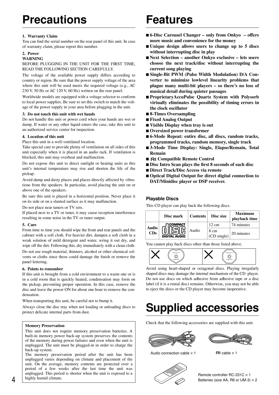 Onkyo DX-C370 instruction manual Features, Supplied accessories, Playable Discs 