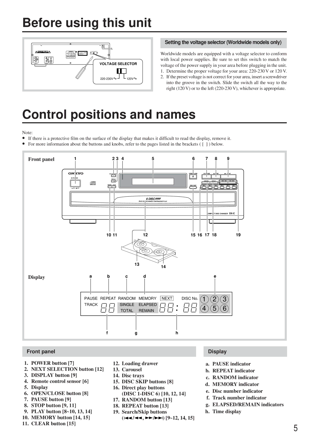 Onkyo DX-C370 Before using this unit, Control positions and names, Setting the voltage selector Worldwide models only 