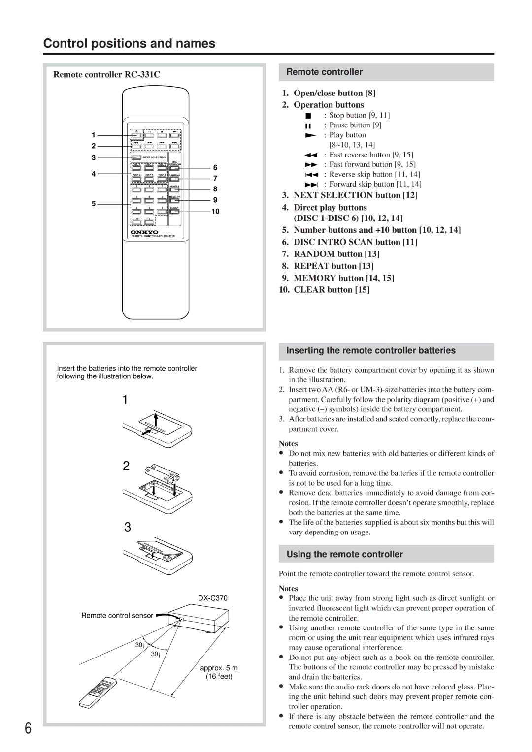 Onkyo DX-C370 instruction manual Remote controller, Inserting the remote controller batteries, Using the remote controller 