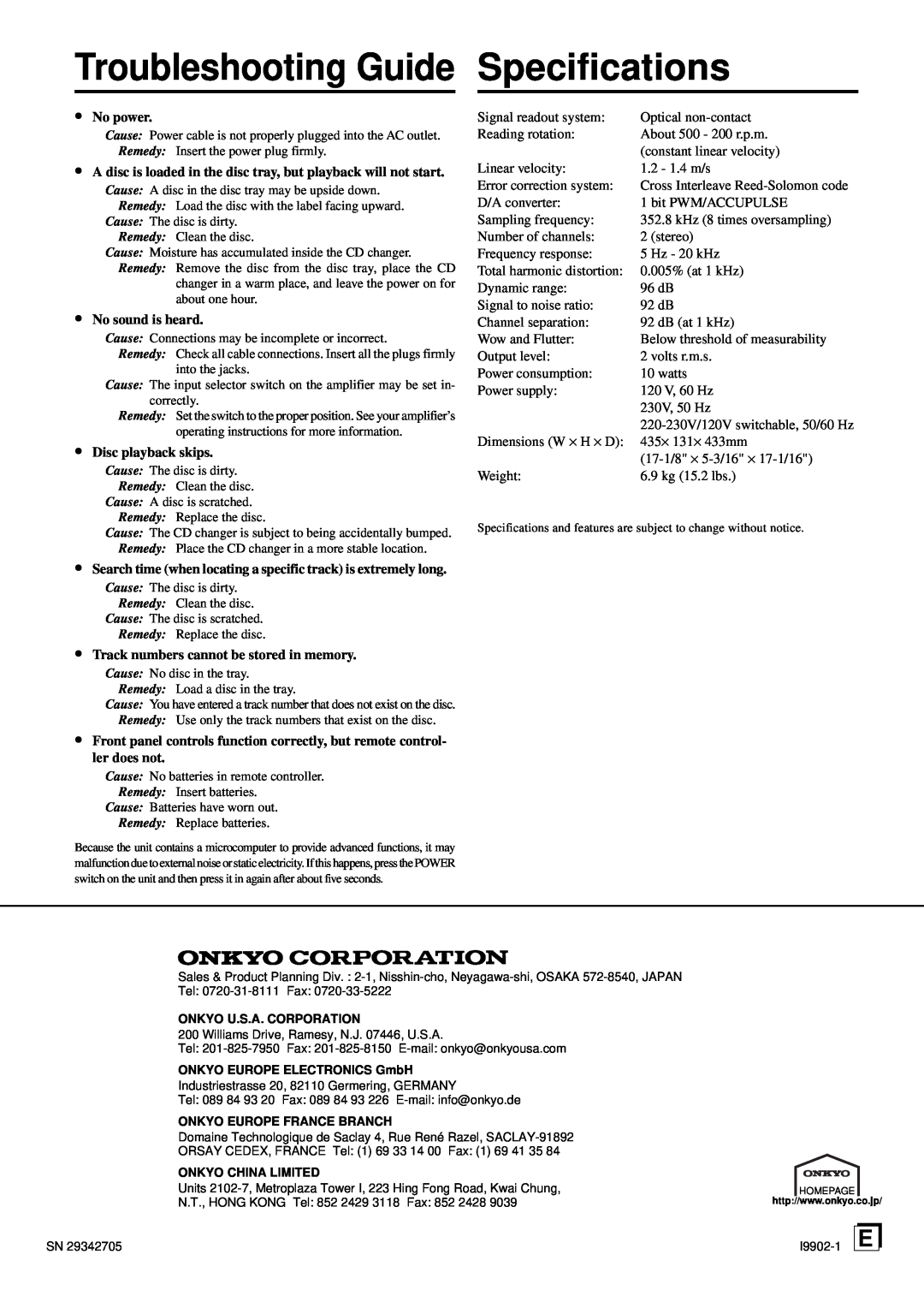Onkyo DX-C370 instruction manual Specifications, Troubleshooting Guide, No power, No sound is heard, Disc playback skips 