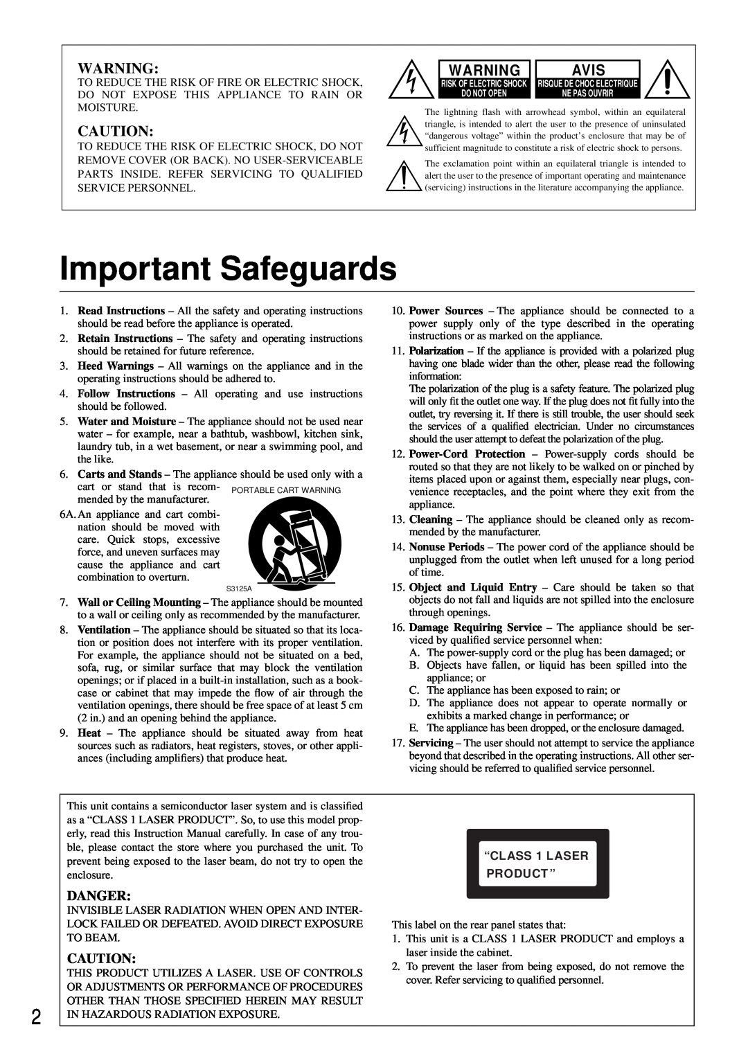 Onkyo DX-C370 instruction manual “CLASS 1 LASER, Product ”, Important Safeguards, Avis, Danger 