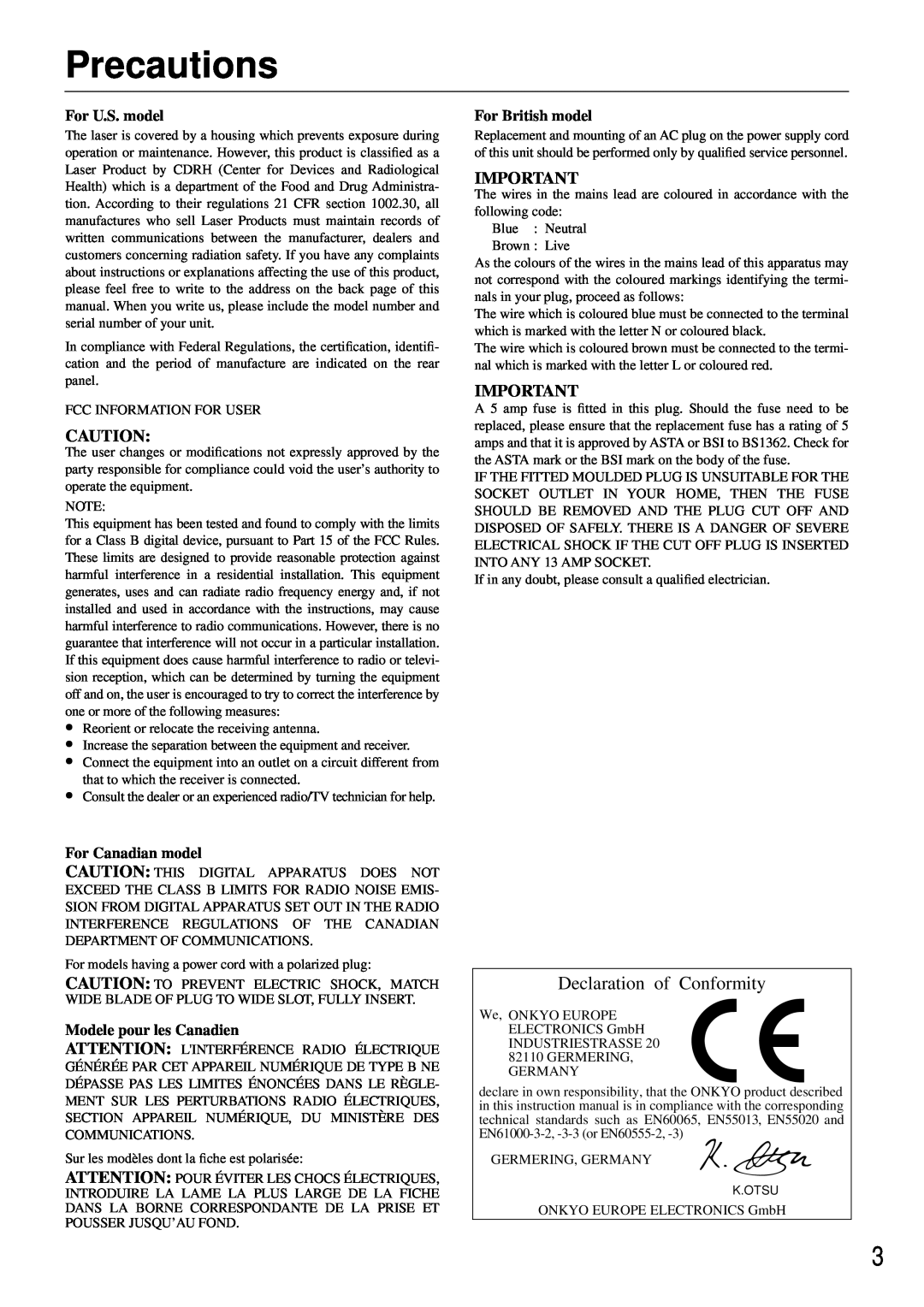 Onkyo DX-C370 instruction manual Precautions, Declaration of Conformity 