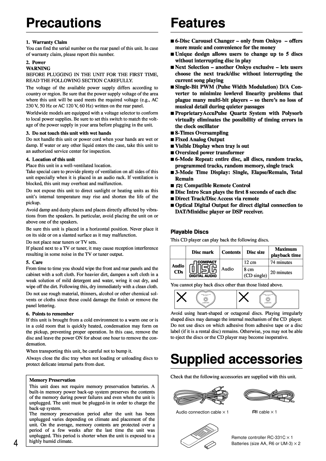 Onkyo DX-C370 instruction manual Features, Supplied accessories, Playable Discs, Precautions 