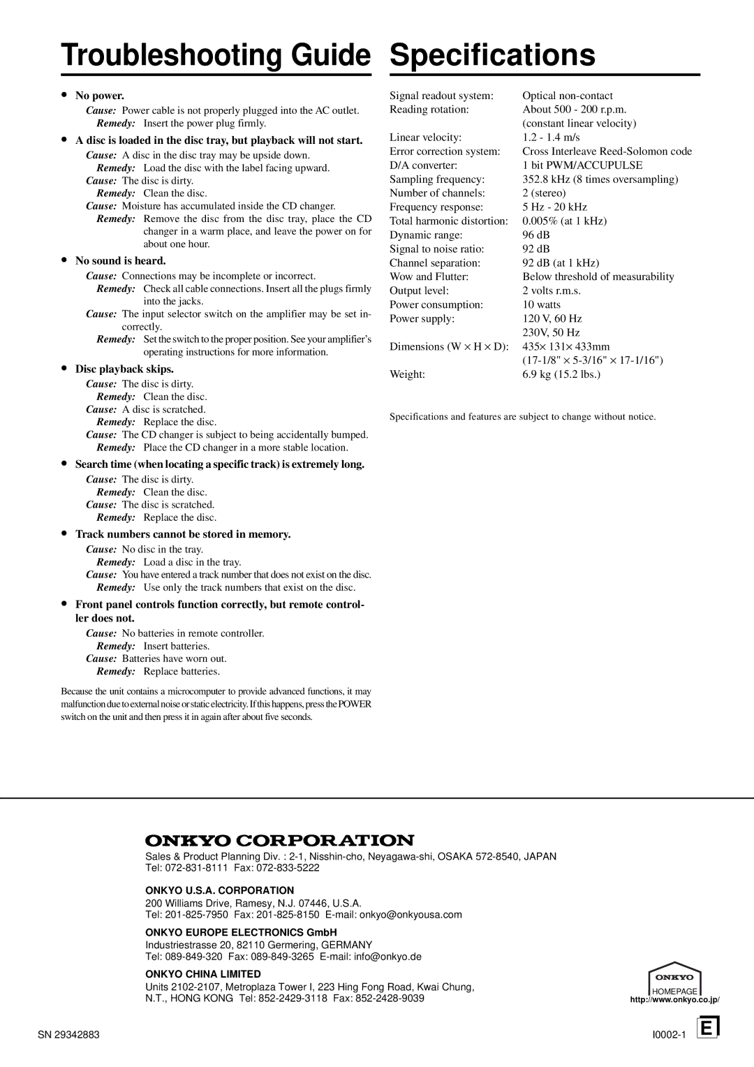 Onkyo DX-C380 Specifications, No power, No sound is heard, Disc playback skips, Track numbers cannot be stored in memory 