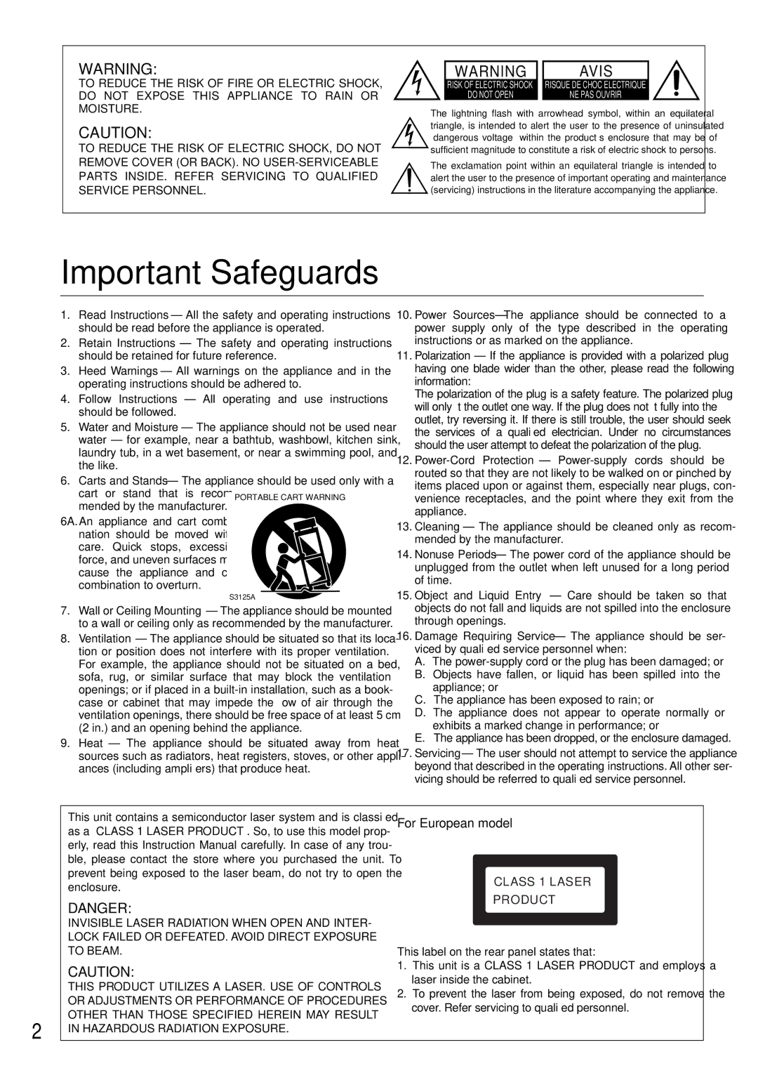 Onkyo DX-C380 instruction manual Important Safeguards 