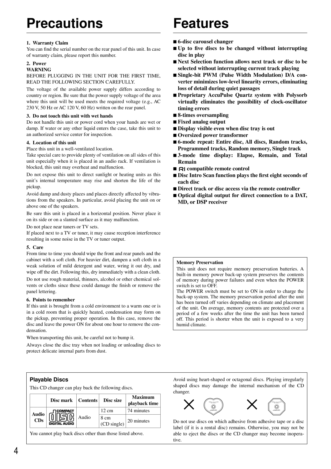 Onkyo DX-C380 instruction manual Features, Playable Discs 