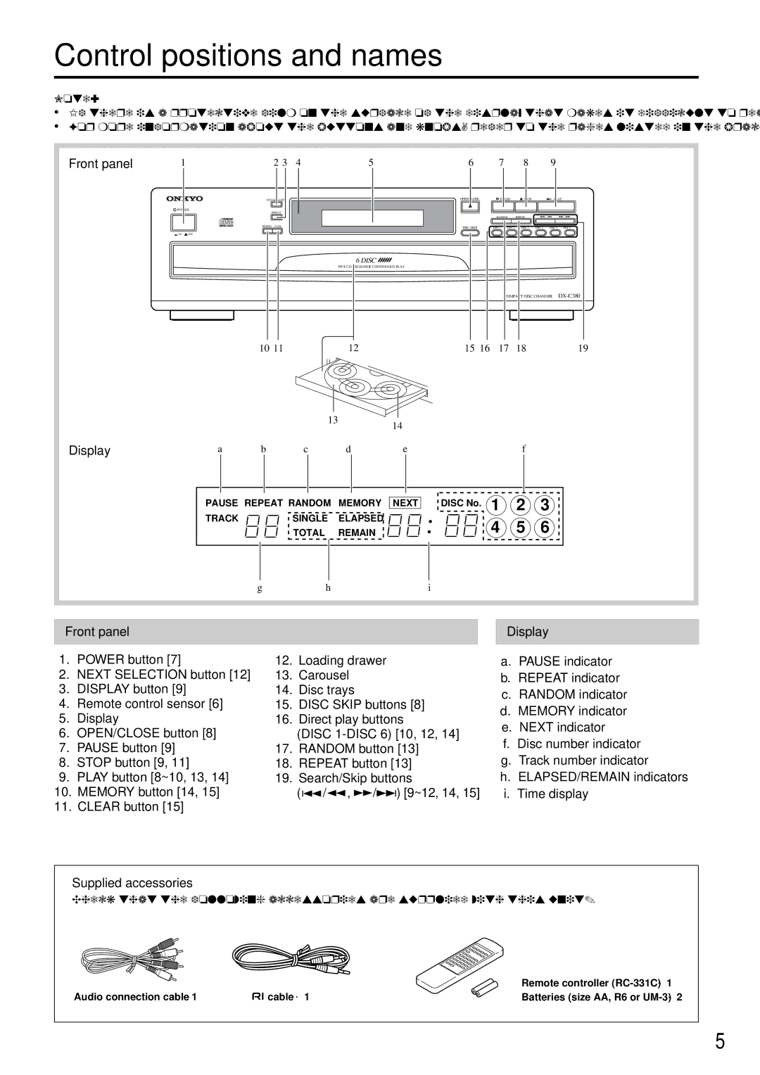 Onkyo DX-C380 instruction manual Control positions and names, Front panel, Display, Supplied accessories, ~12, 14 