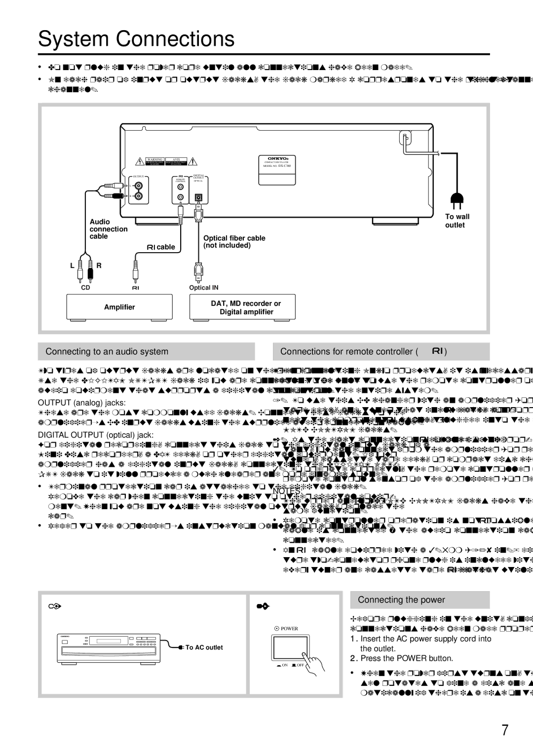 Onkyo DX-C380 System Connections, Connecting to an audio system, Connections for remote controller, Connecting the power 