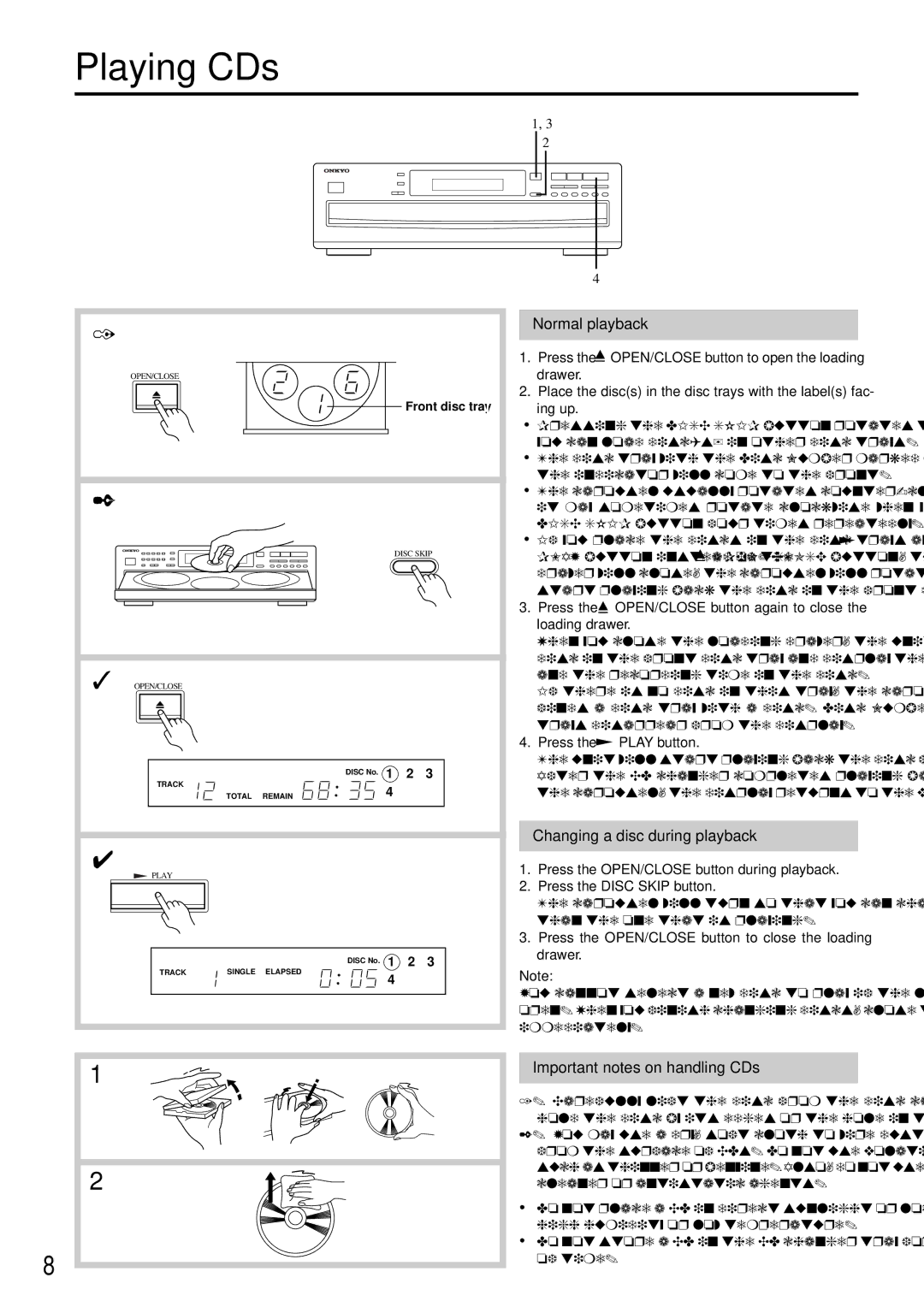 Onkyo DX-C380 Playing CDs, Normal playback, Changing a disc during playback, Important notes on handling CDs 