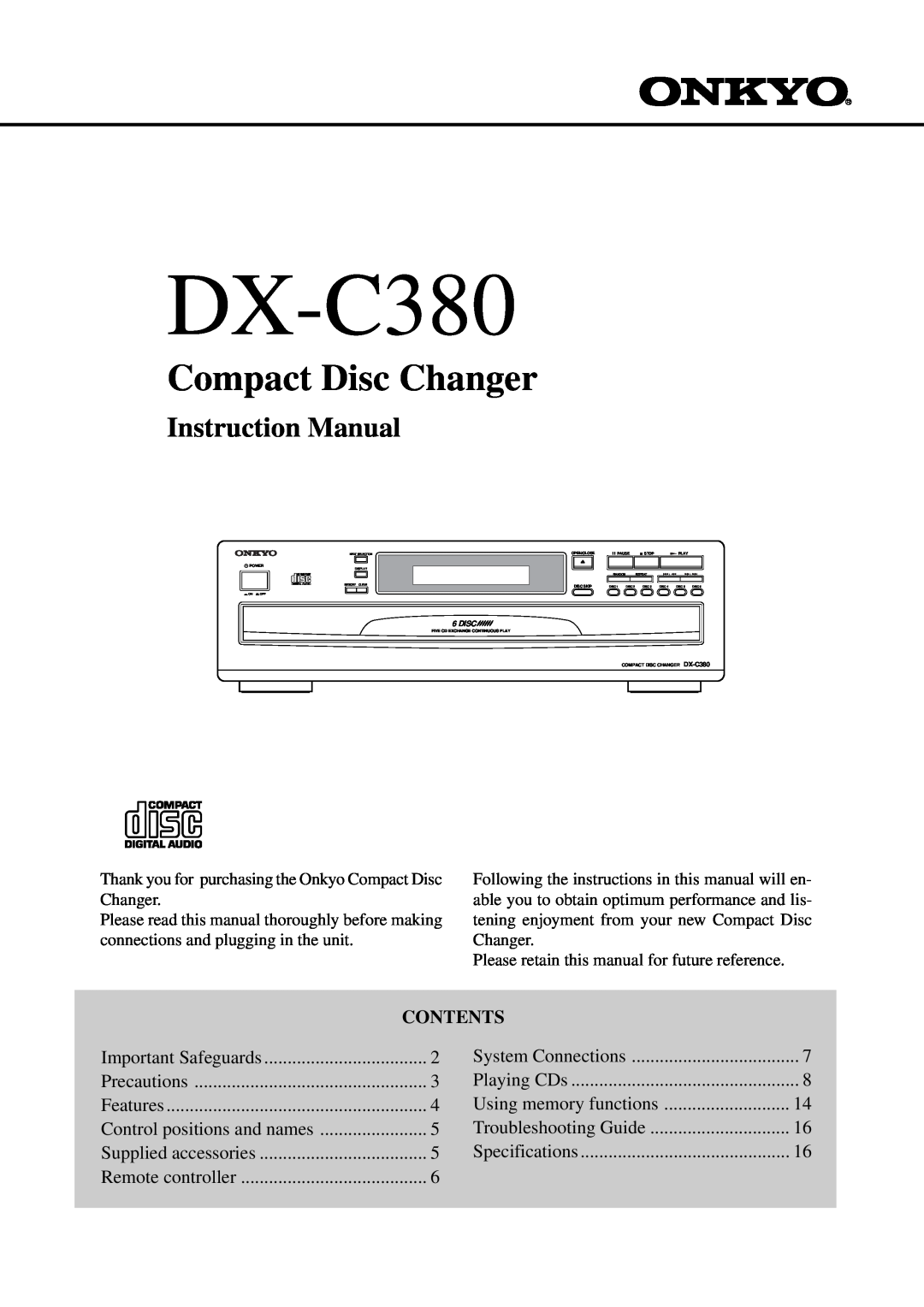 Onkyo DX-C380 instruction manual Compact Disc Changer, Contents 