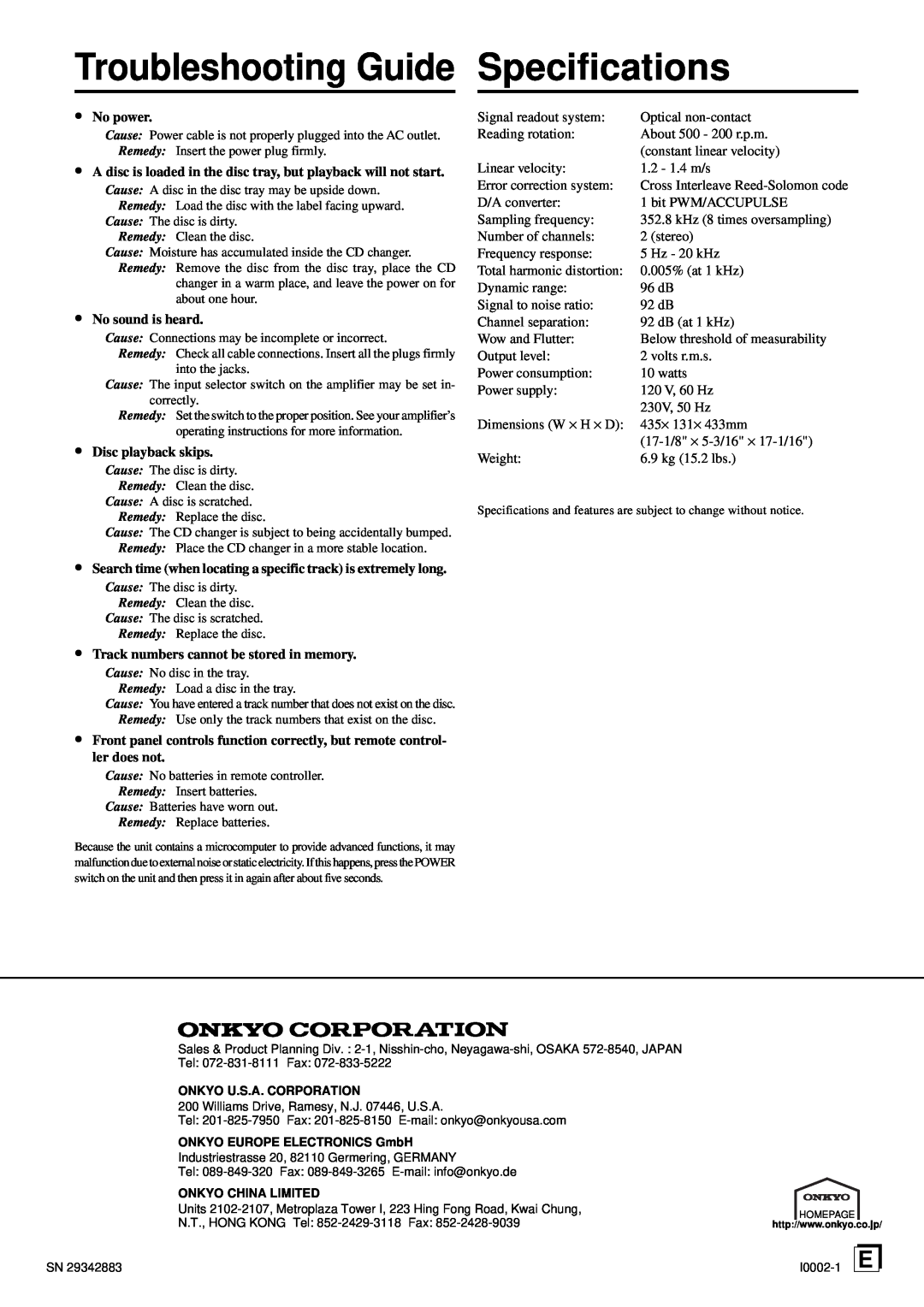 Onkyo DX-C380 instruction manual Specifications, Troubleshooting Guide 