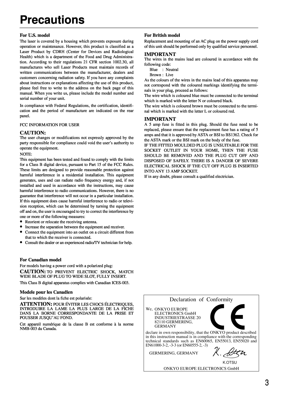 Onkyo DX-C380 instruction manual Precautions, Declaration of Conformity 