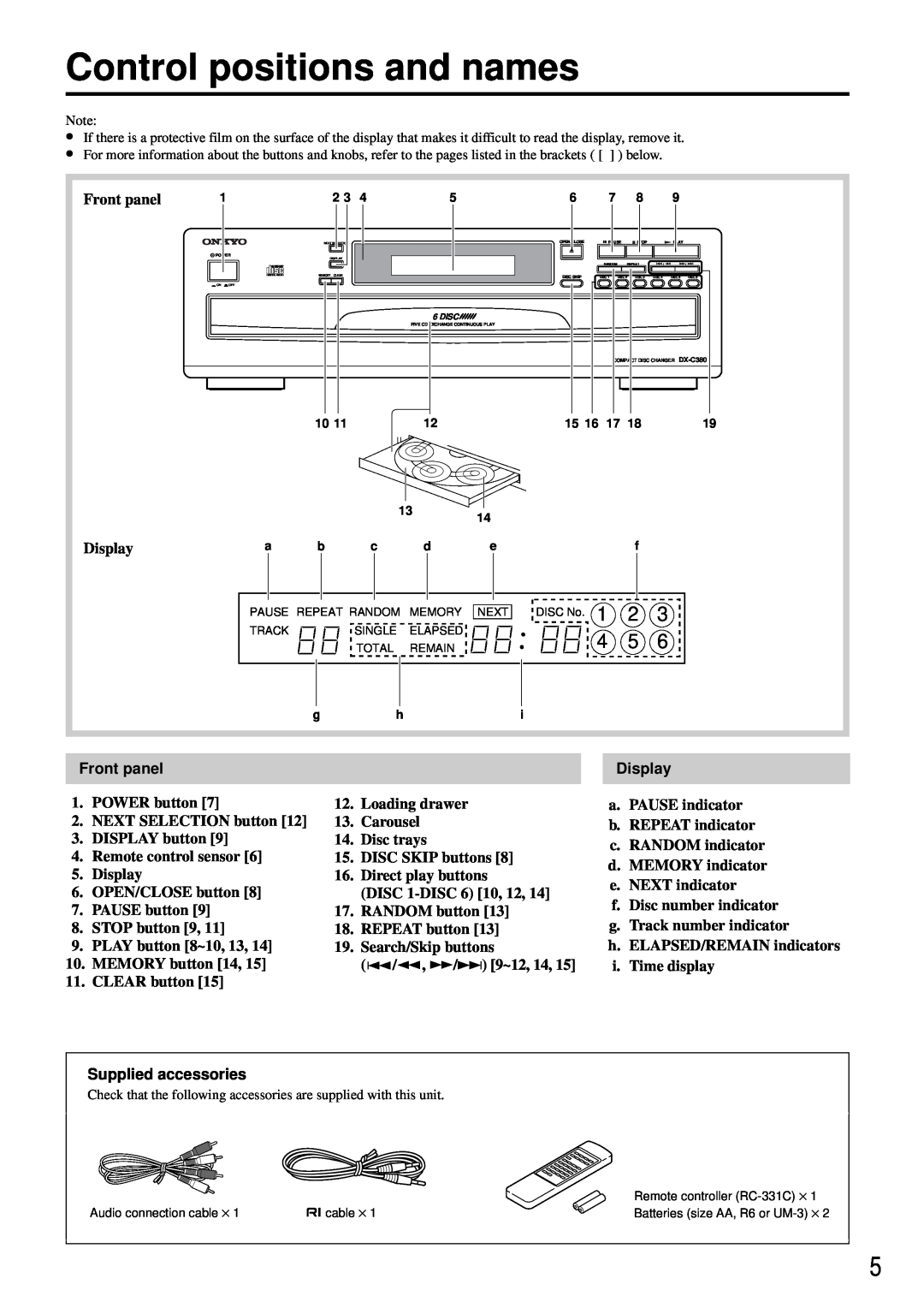 Onkyo DX-C380 instruction manual Control positions and names, Front panel, Display, Supplied accessories 