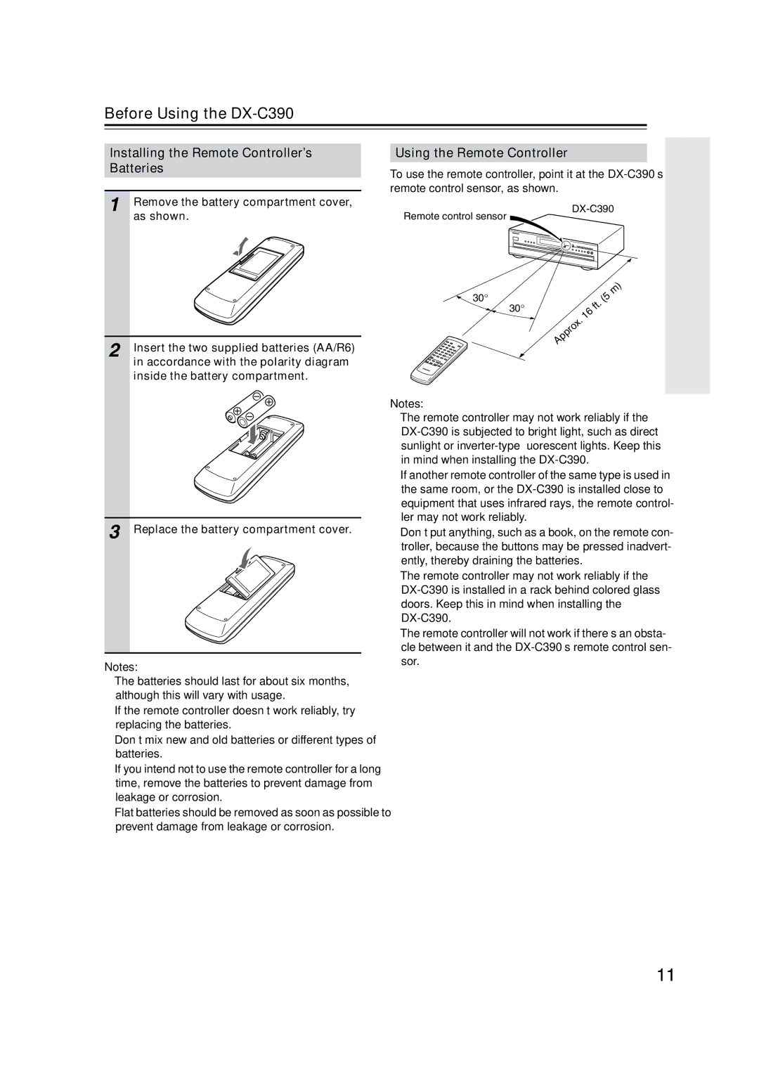 Onkyo Before Using the DX-C390, Installing the Remote Controller’s Batteries, Using the Remote Controller 