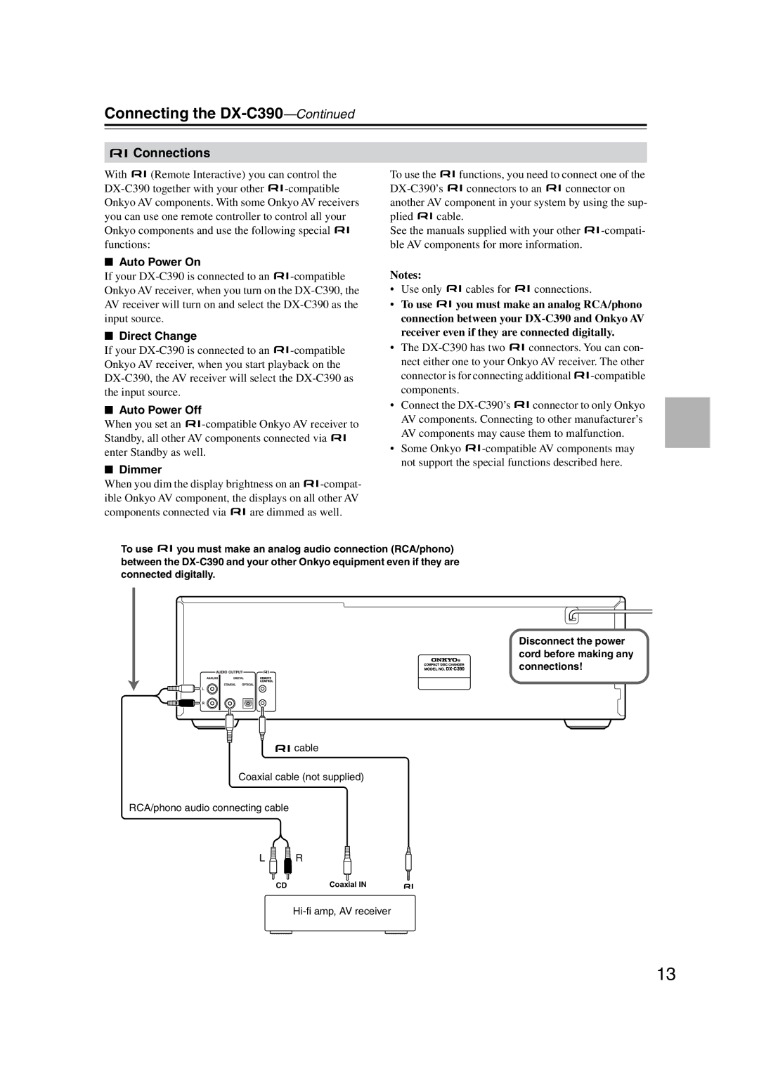 Onkyo DX-C390 instruction manual Connections, Auto Power On, Direct Change, Auto Power Off, Dimmer 