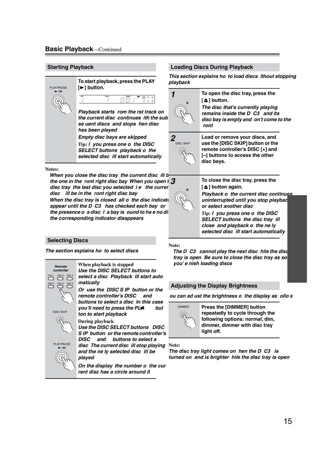 Onkyo DX-C390 Starting Playback, Selecting Discs, Loading Discs During Playback, Adjusting the Display Brightness 