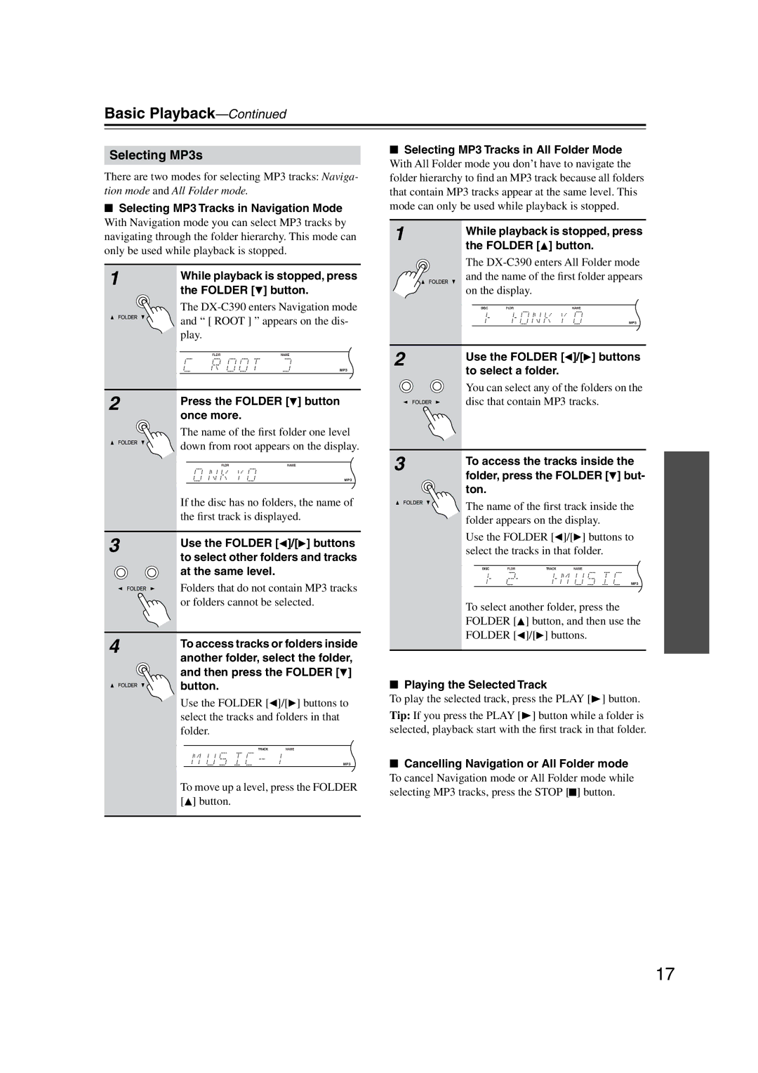 Onkyo DX-C390 instruction manual Selecting MP3s 