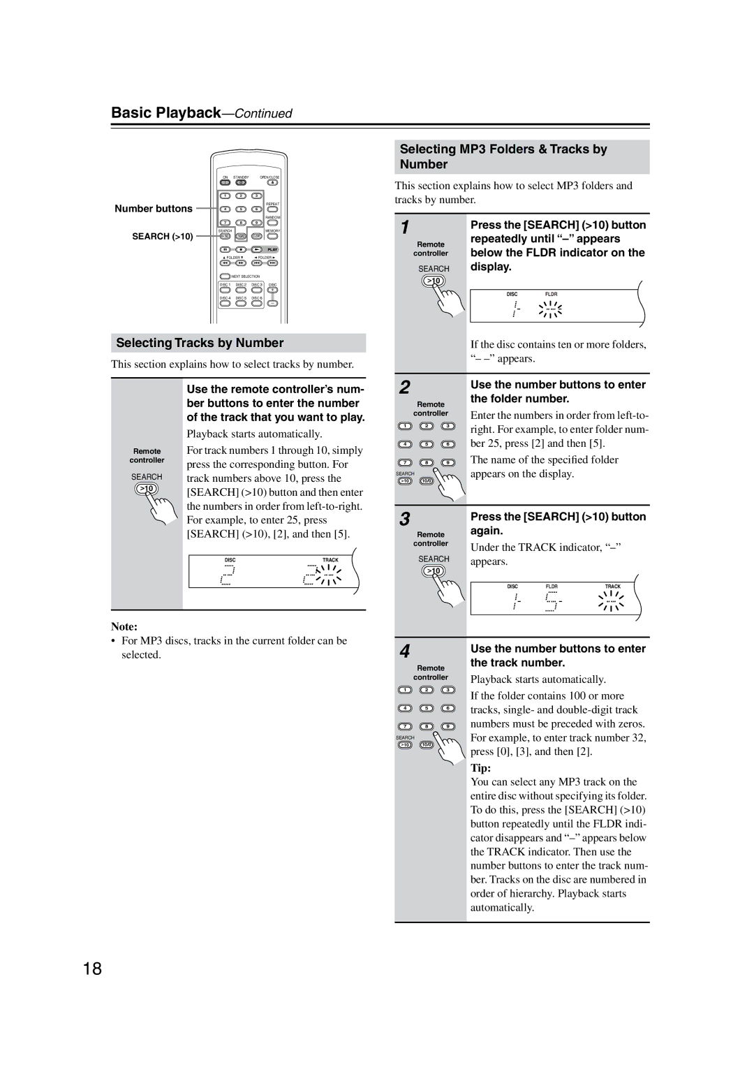 Onkyo DX-C390 instruction manual Selecting MP3 Folders & Tracks by Number, Selecting Tracks by Number 