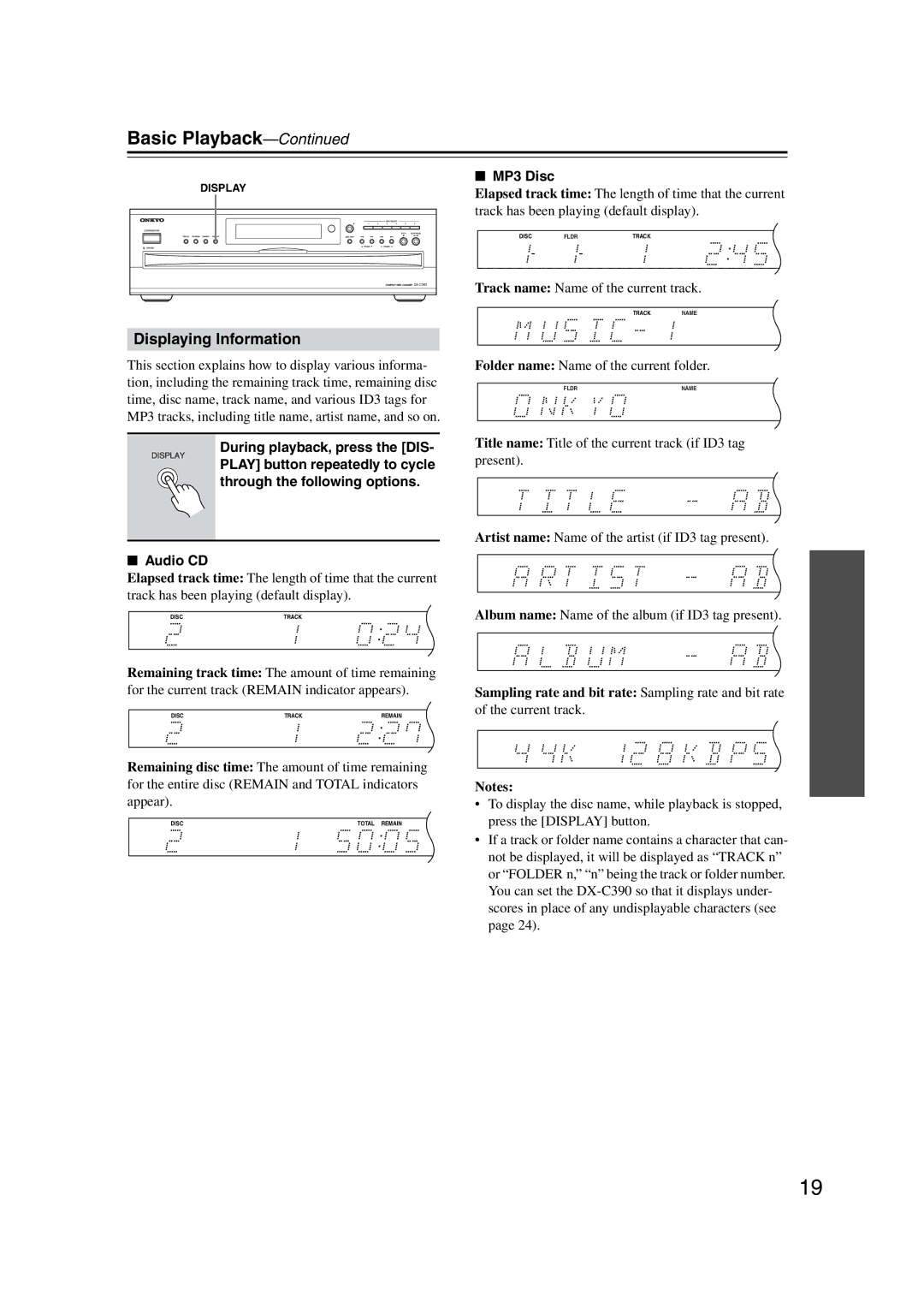 Onkyo DX-C390 instruction manual Displaying Information, MP3 Disc, Sampling rate and bit rate Sampling rate and bit rate 