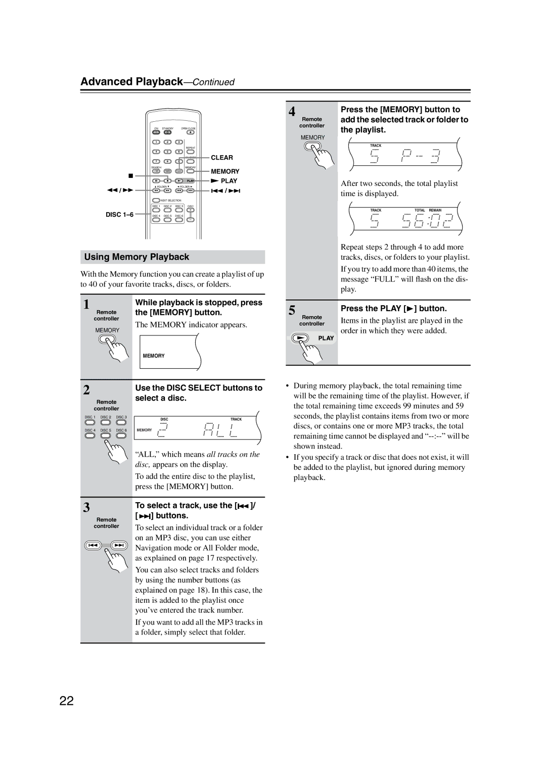 Onkyo DX-C390 Using Memory Playback, While playback is stopped, press, Press the Memory button to, Playlist 