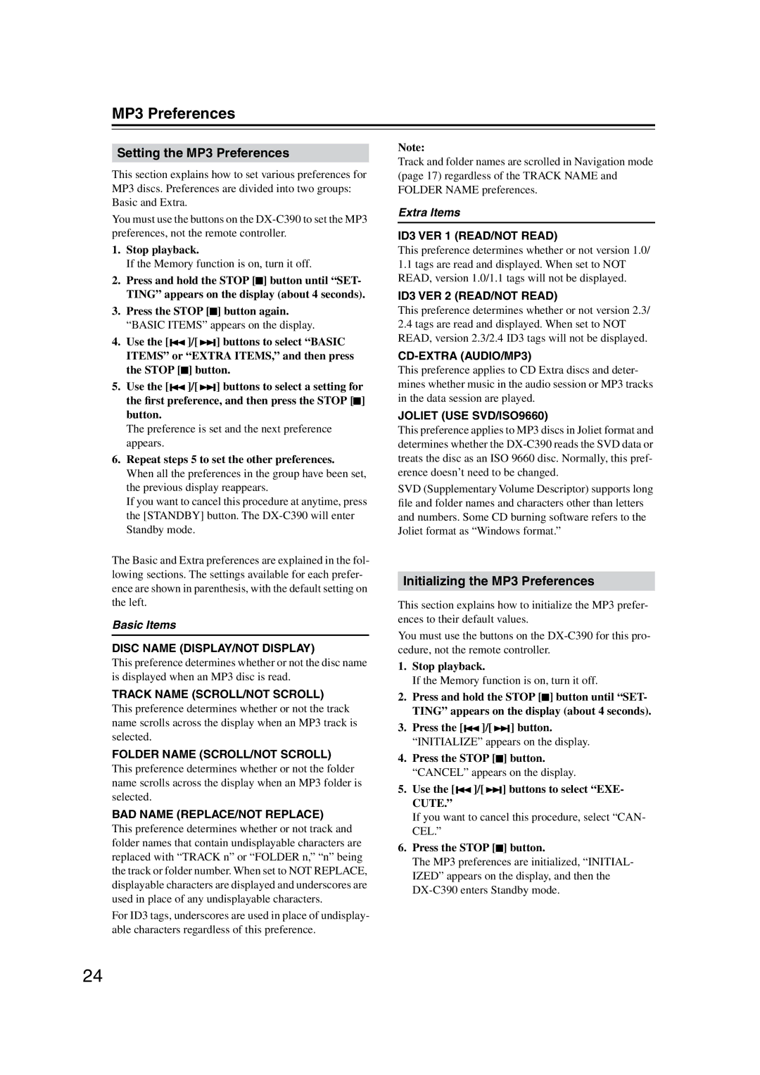 Onkyo DX-C390 instruction manual Setting the MP3 Preferences, Initializing the MP3 Preferences 