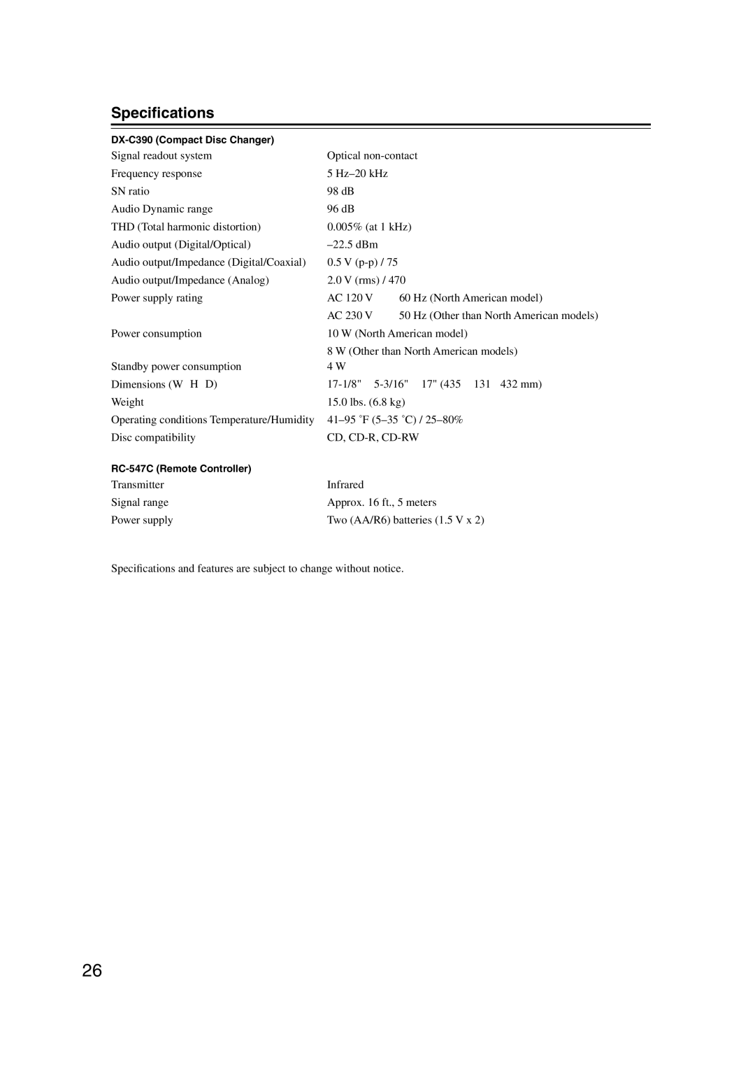 Onkyo DX-C390 instruction manual Speciﬁcations, Cd, Cd-R, Cd-Rw 