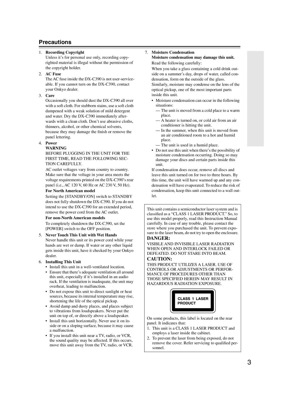 Onkyo DX-C390 instruction manual Precautions 