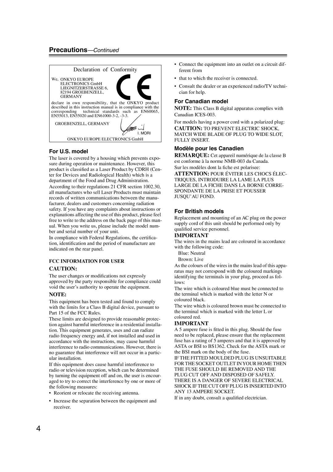 Onkyo DX-C390 instruction manual For U.S. model, For Canadian model, Modèle pour les Canadien, For British models 