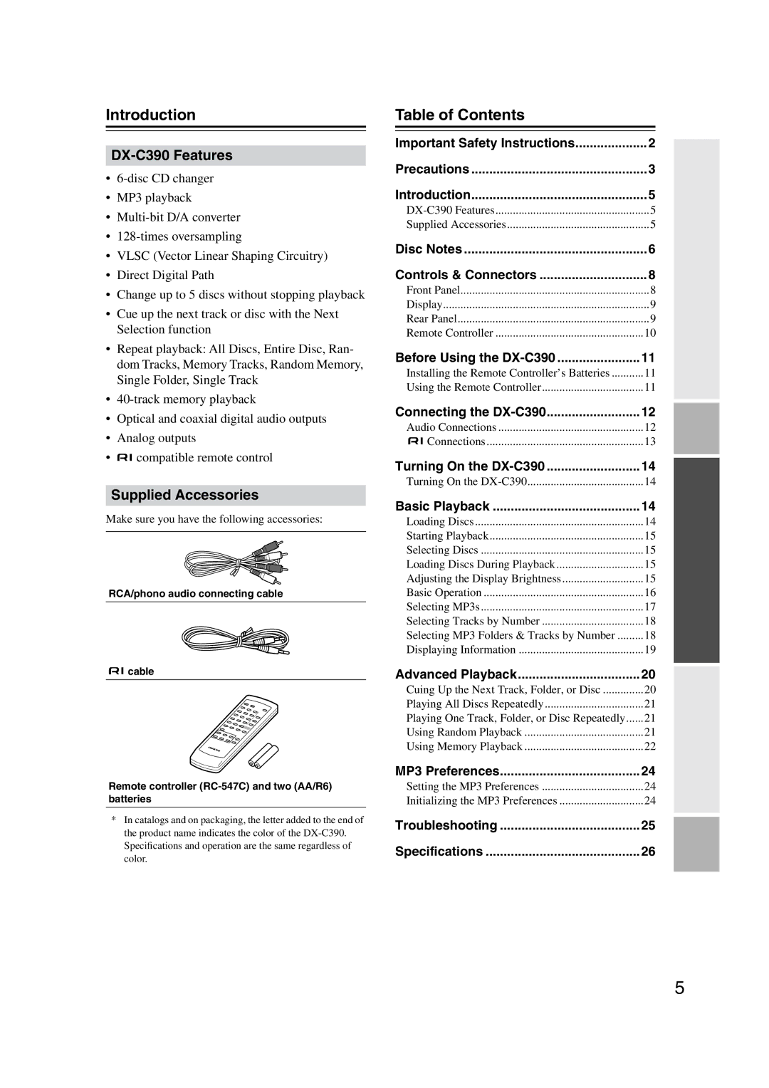 Onkyo DX-C390 instruction manual Introduction, Table of Contents 