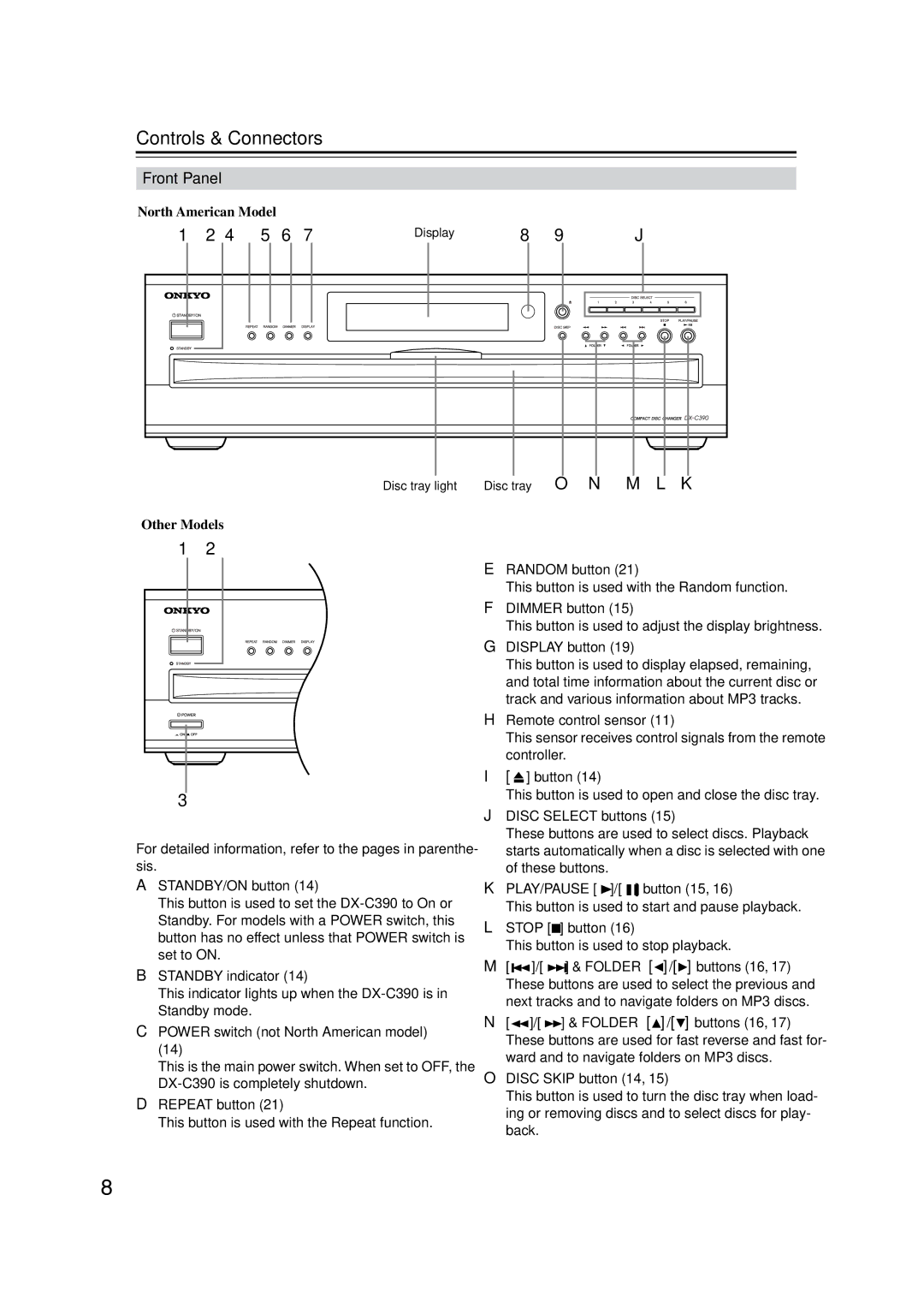 Onkyo DX-C390 instruction manual Controls & Connectors, Front Panel 