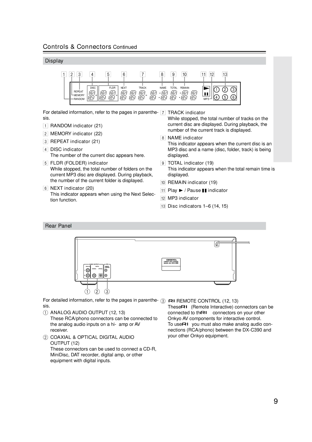 Onkyo DX-C390 instruction manual Display, Rear Panel 