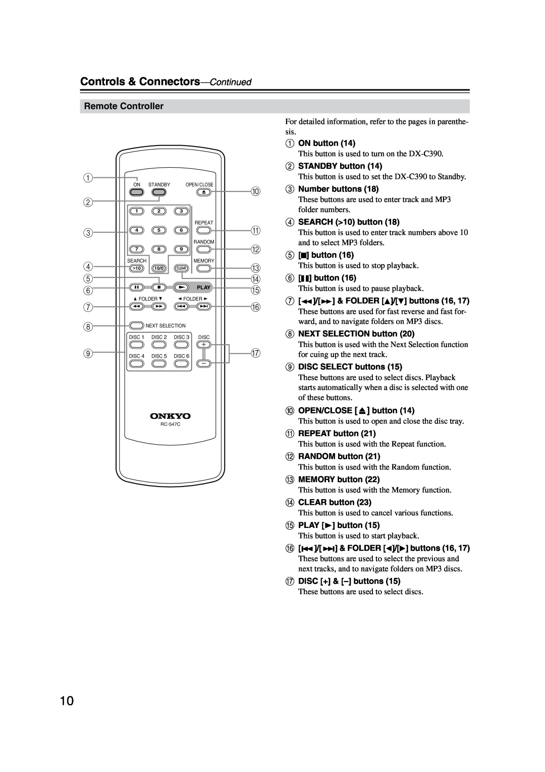 Onkyo DX-C390 instruction manual Controls & Connectors-Continued, Remote Controller 