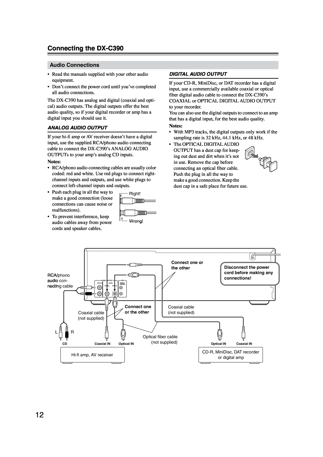 Onkyo instruction manual Connecting the DX-C390, Audio Connections, Analog Audio Output, Digital Audio Output 