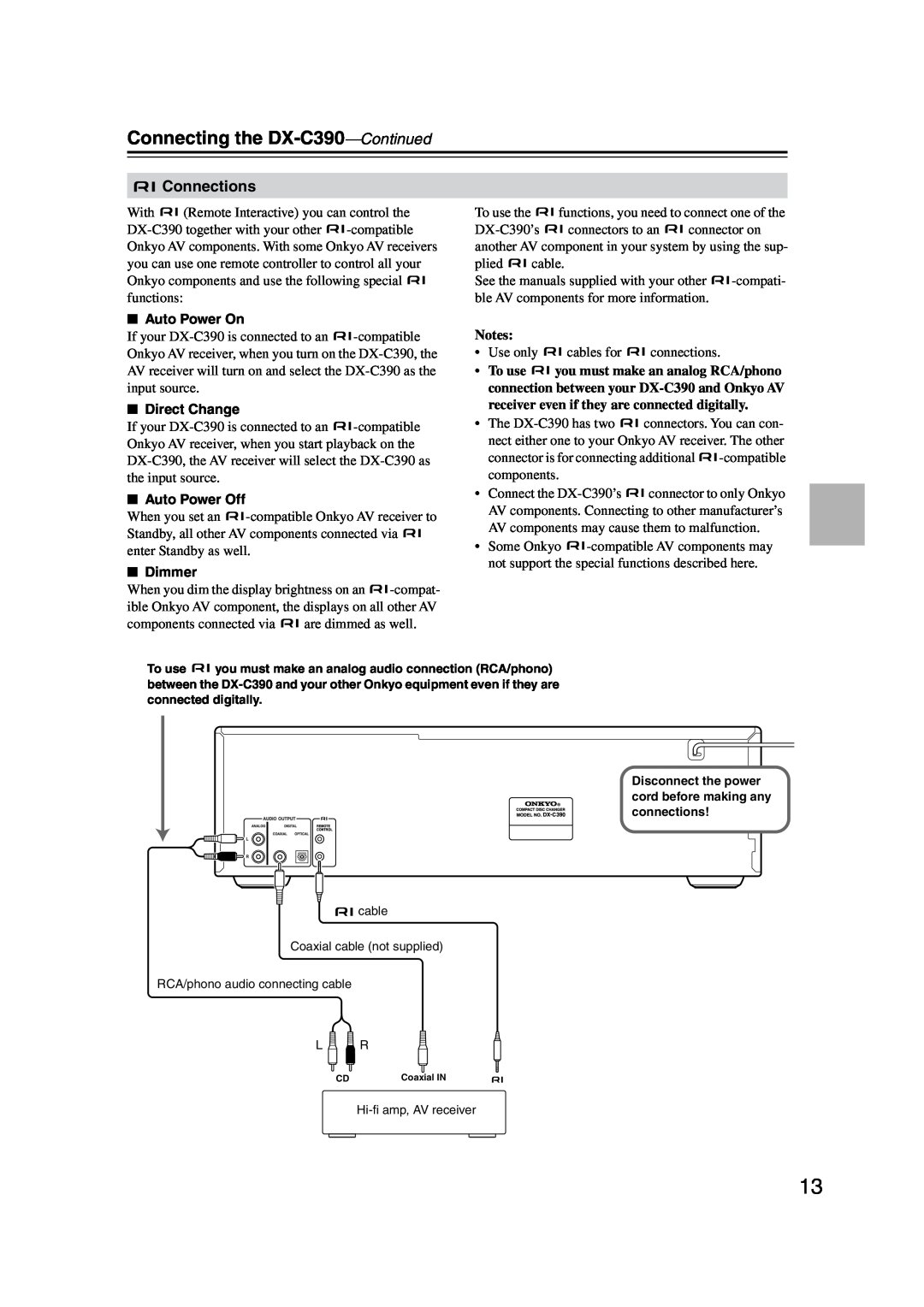 Onkyo instruction manual Connecting the DX-C390-Continued, Connections 