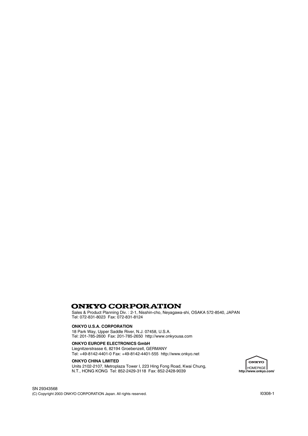 Onkyo DX-C390 instruction manual Onkyo U.S.A. Corporation, ONKYO EUROPE ELECTRONICS GmbH, Onkyo China Limited 