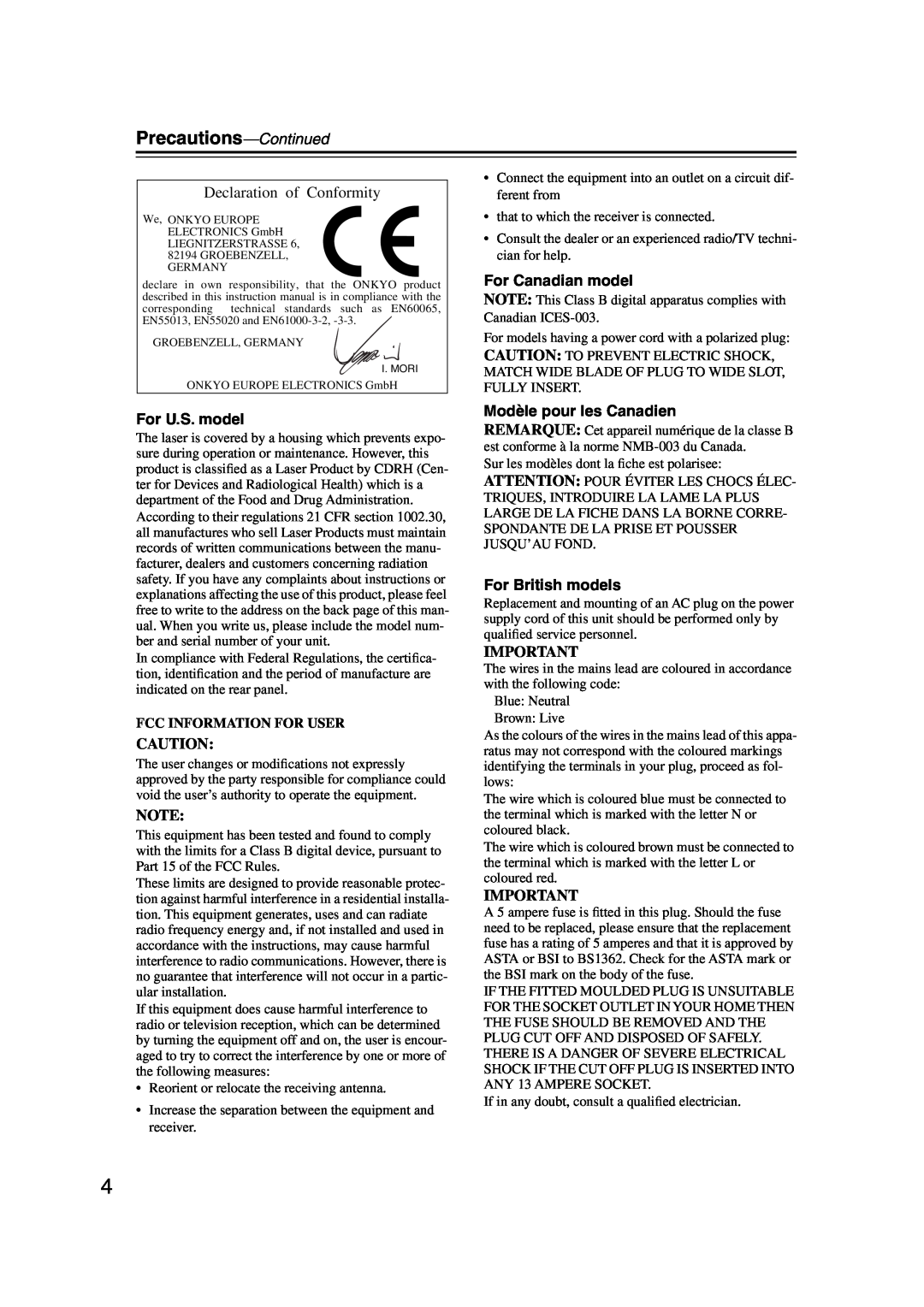 Onkyo DX-C390 Precautions-Continued, Declaration of Conformity, For U.S. model, For Canadian model, For British models 