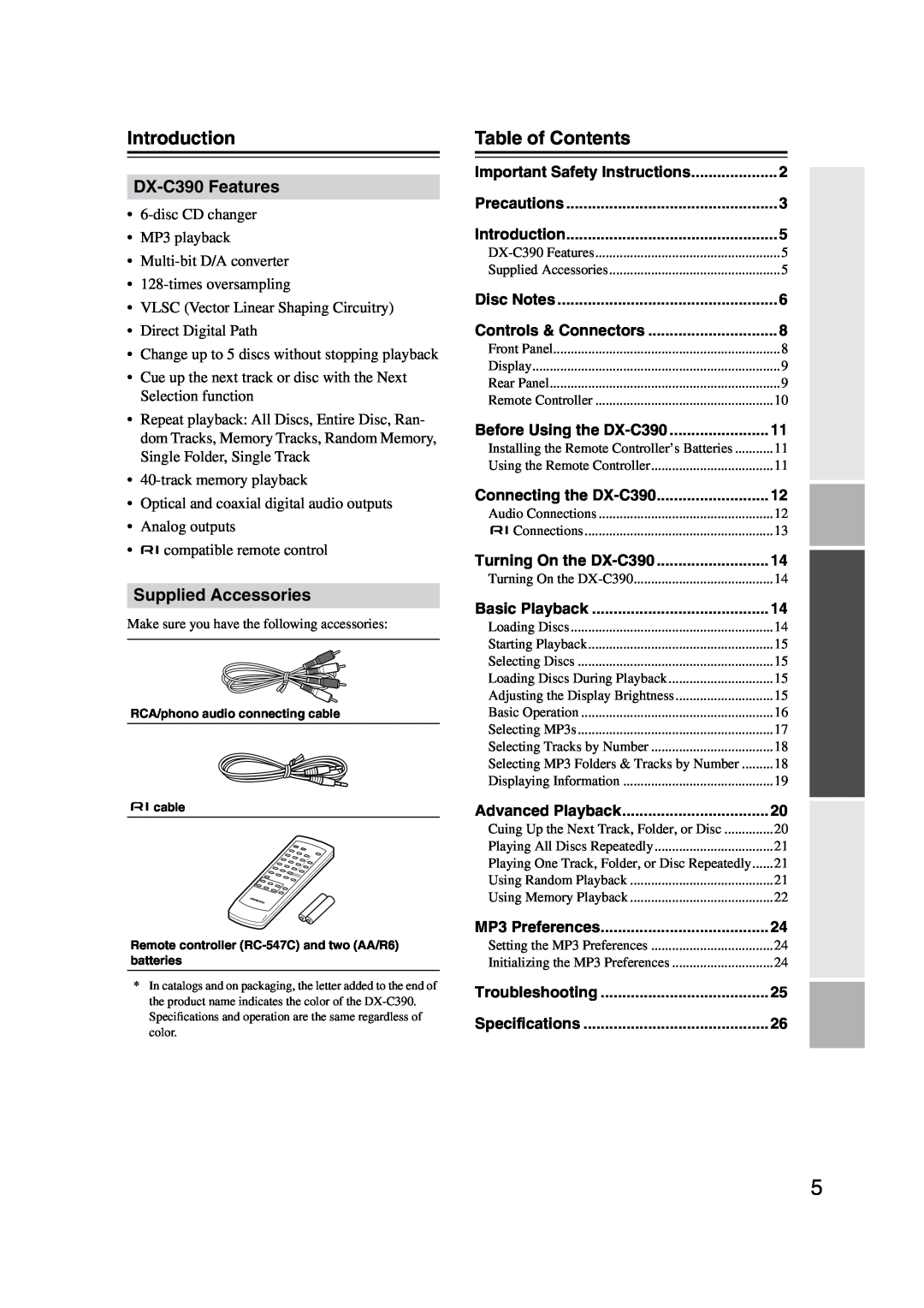 Onkyo instruction manual Introduction, Table of Contents, DX-C390Features, Supplied Accessories 