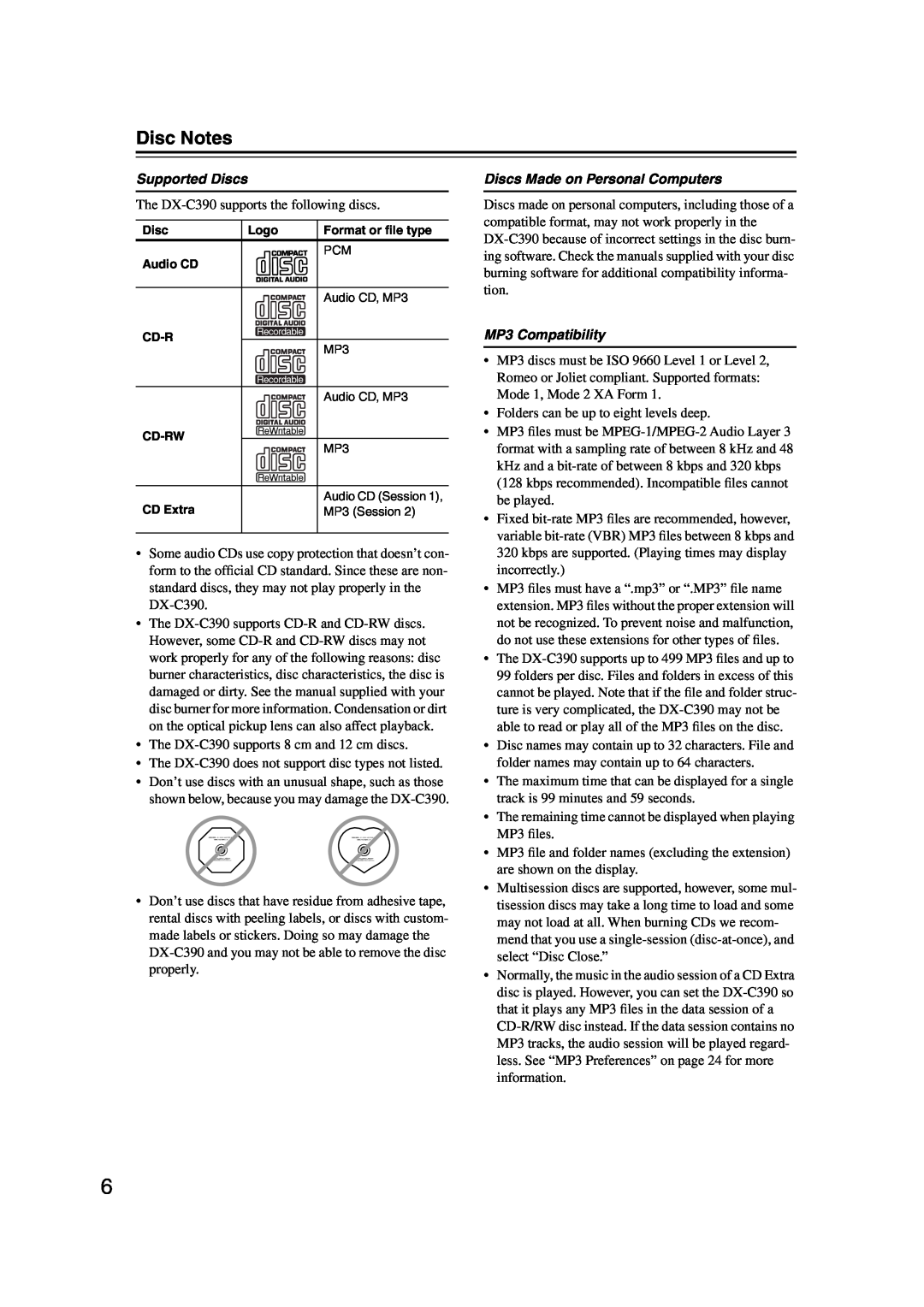 Onkyo DX-C390 instruction manual Disc Notes, Supported Discs, Discs Made on Personal Computers, MP3 Compatibility 
