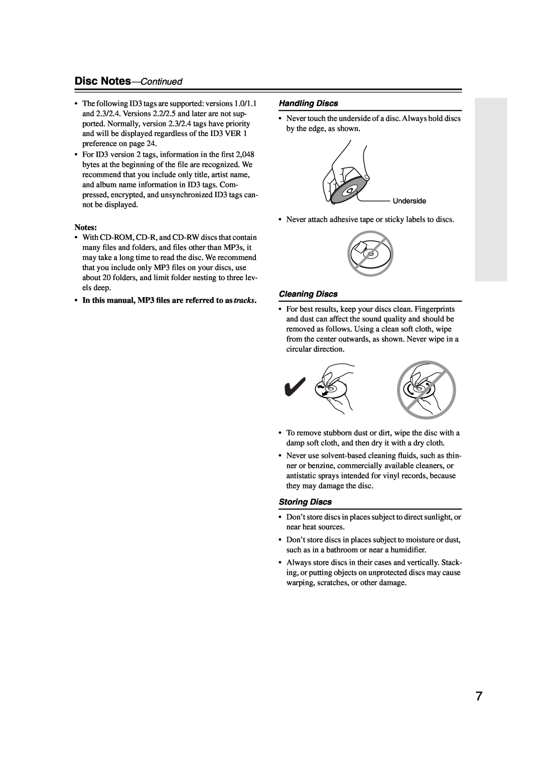 Onkyo DX-C390 instruction manual Disc Notes-Continued, Handling Discs, Cleaning Discs, Storing Discs 