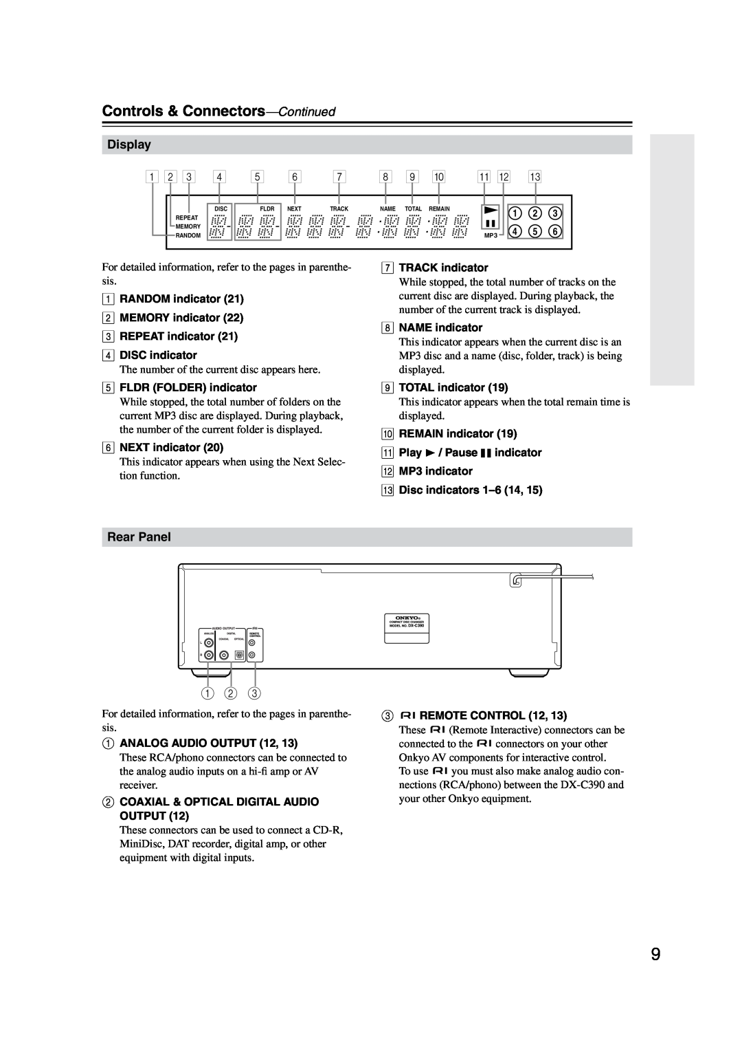 Onkyo DX-C390 instruction manual Controls & Connectors-Continued, 1 2 3 4 5 6 7 8 9 0 A B C, Display, Rear Panel 