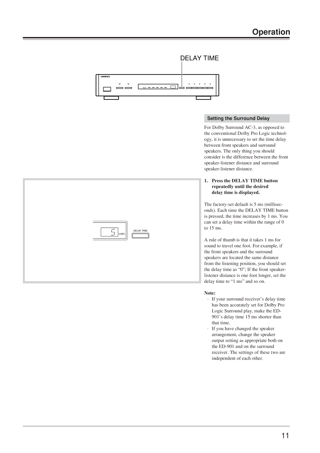 Onkyo ED-901 instruction manual Delay Time, Setting the Surround Delay 