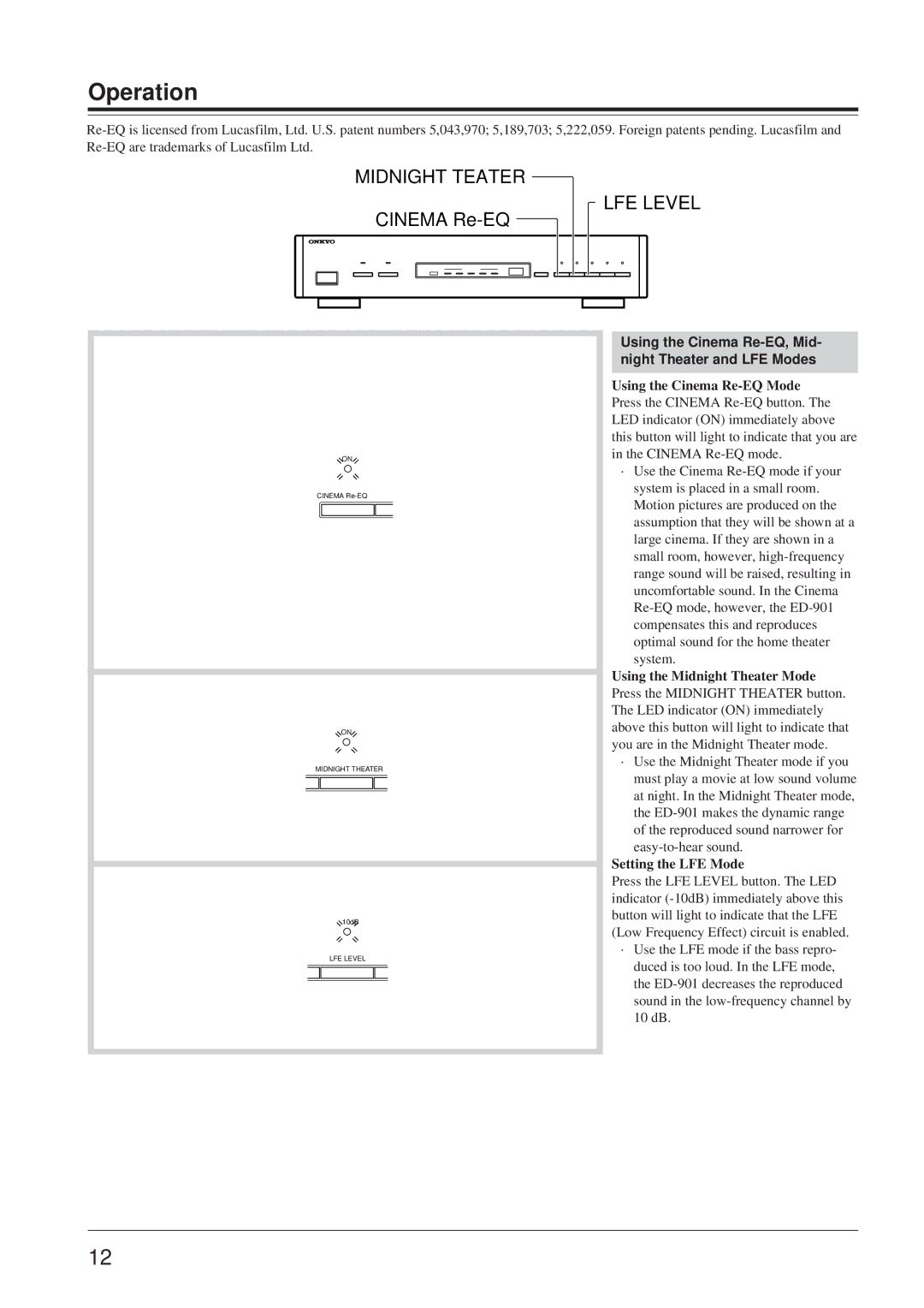 Onkyo ED-901 Using the Cinema Re-EQ, Mid- night Theater and LFE Modes, Using the Cinema Re-EQ Mode, Setting the LFE Mode 