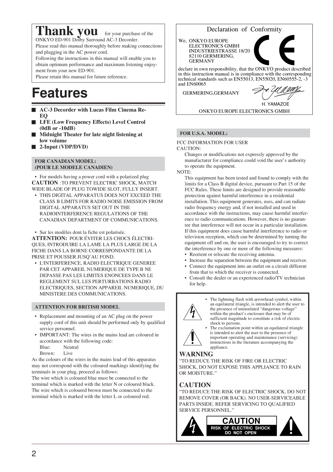 Onkyo ED-901 instruction manual Features, For Canadian Model Pour LE Modele Canadien 