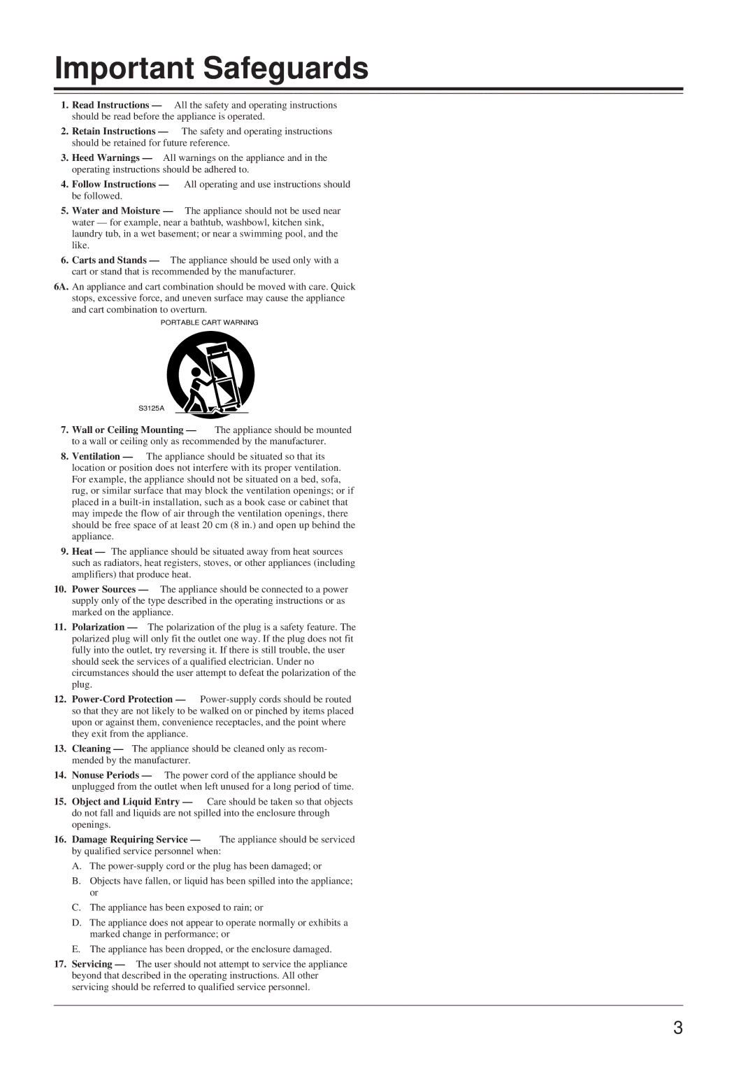 Onkyo ED-901 instruction manual Important Safeguards 