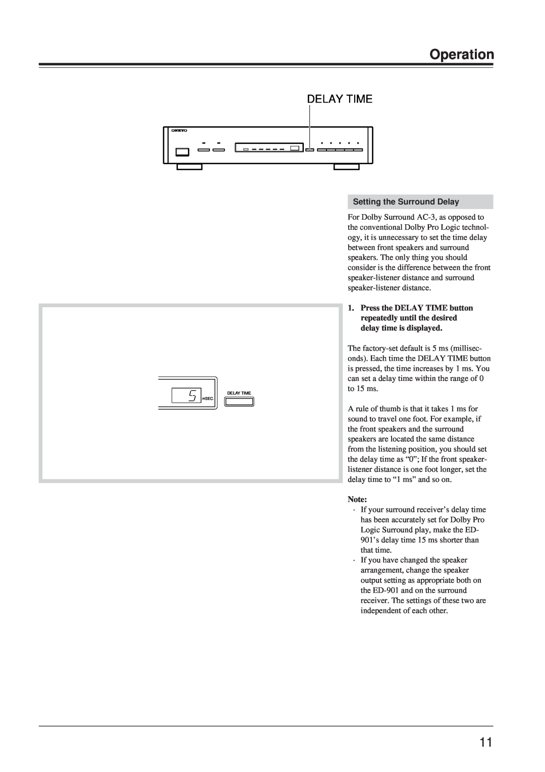 Onkyo ED-901 instruction manual Delay Time, Operation, Setting the Surround Delay 