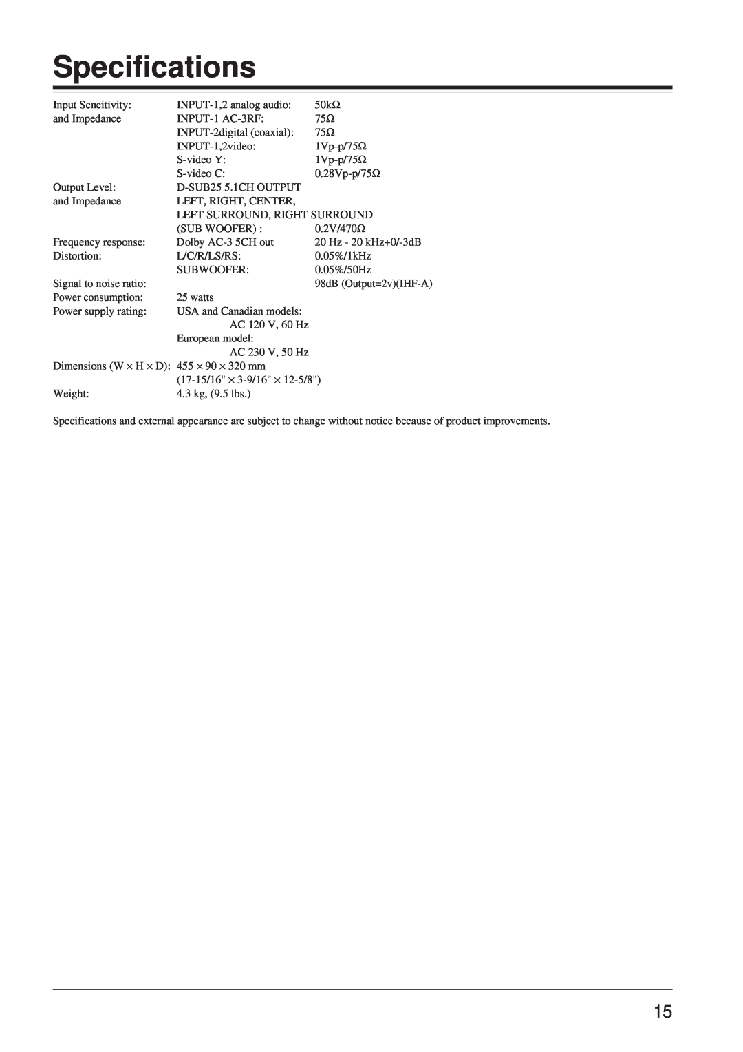 Onkyo ED-901 instruction manual Specifications 